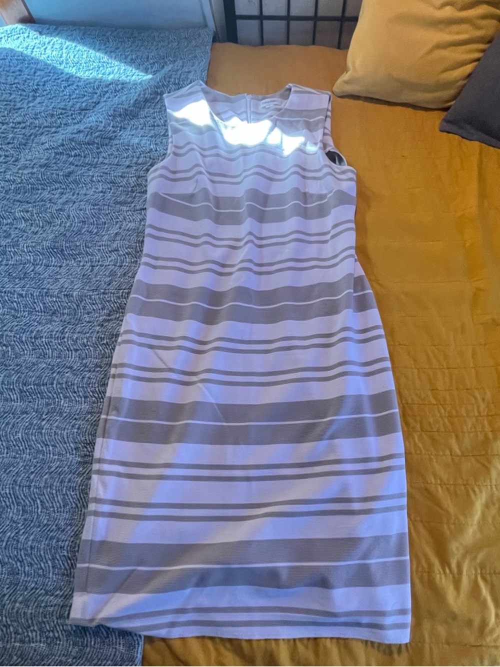 Calvin Klein Sleeveless Striped Midi Dress in White and Light Gray